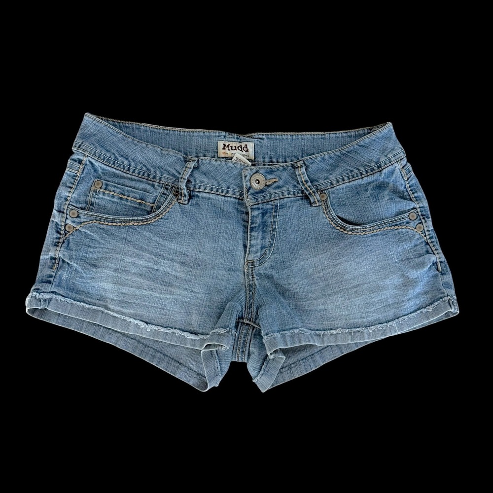 Y2K Mudd Low Rise Denim Jean Shorts Medium Wash Embroidered Pockets Size 9